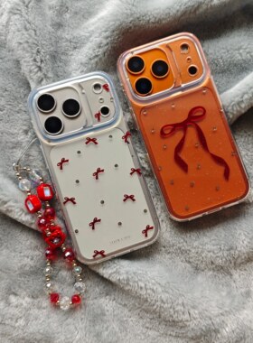 IMD时尚潮流简约鎏金波点星星红色蝴蝶结手机壳适用iPhone17promax大孔防摔苹果16亮面15个性创意14带手链13