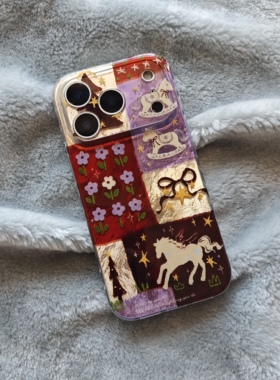 IMD卡通可爱2026马年锡纸底拼接花朵蝴蝶结木马手机壳适用iPhone17promax防摔苹果16亮面15趣味创意14酷炫13