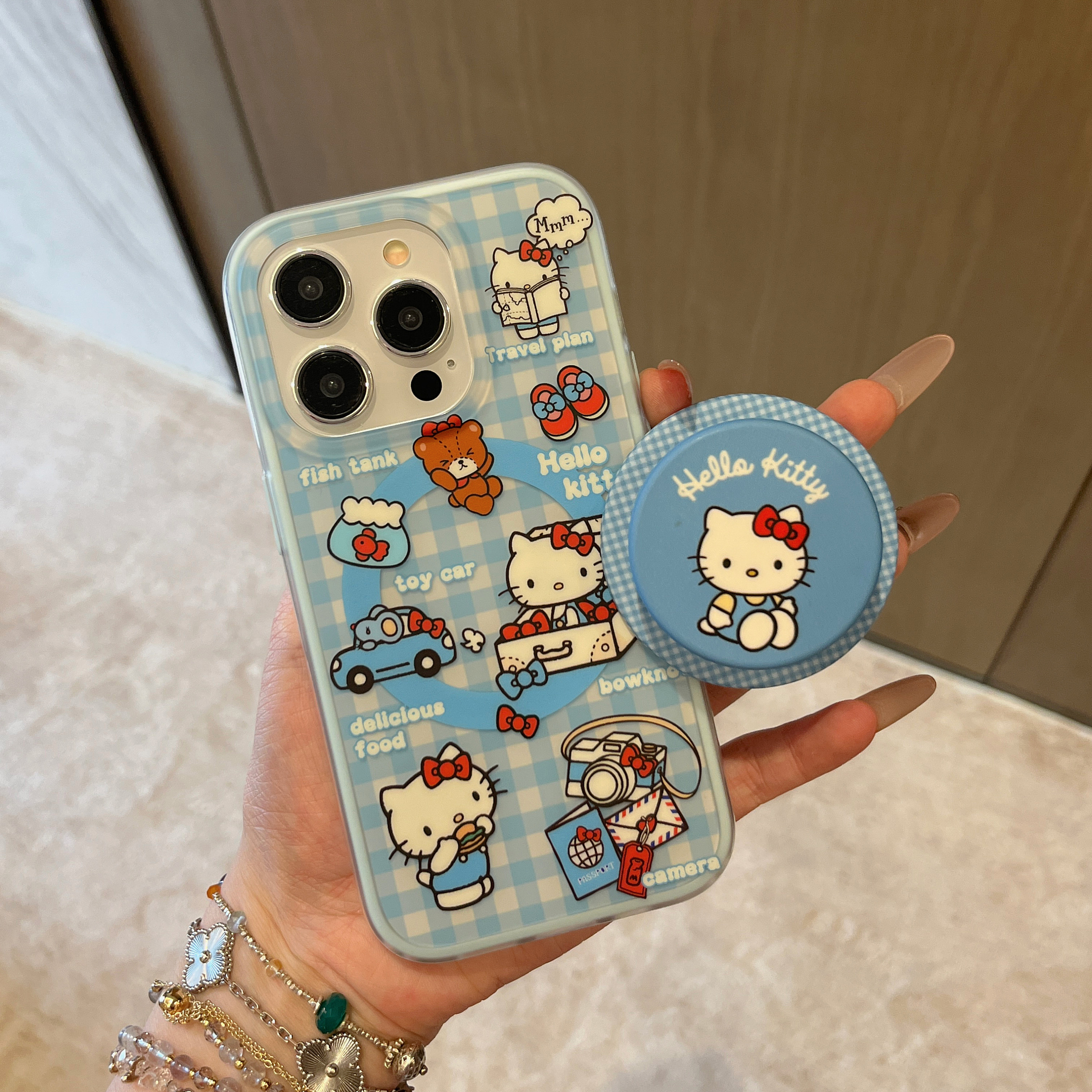 二合一蓝边双层印花imd磁吸蓝色格纹kitty猫手机壳适用iphone16promax大孔防摔苹果15趣味可爱14磨砂13女生硬