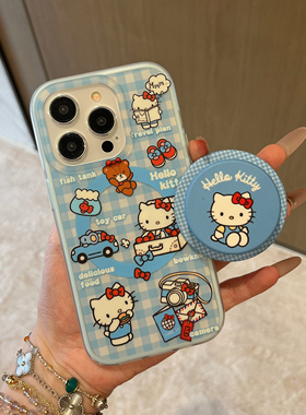 二合一蓝边双层印花imd磁吸蓝色格纹kitty猫手机壳适用iphone16promax大孔防摔苹果15趣味可爱14磨砂13女生硬