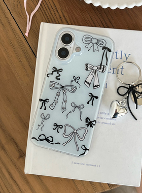 双层印花imd浅蓝色底黑色蝴蝶结简约手机壳适用iphone16promax大孔防摔苹果15新款女14亮面13挂件12个性酷辣