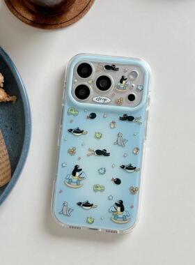 圆弧气囊IMD卡通可爱晕染蓝色满屏pingu企鹅手机壳适用iphone17proax全包防摔苹果16亮面15趣味创意星星木马