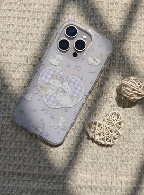 IMD可爱甜美紫色格纹爱心蝴蝶结猫咪手机壳适用iPhone17promax个性防摔苹果16亮面15趣味创意14治愈系13女生