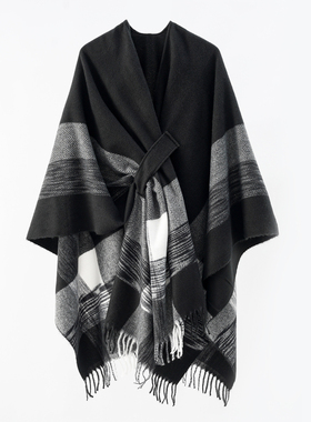 Cape scarf shawl 时尚披肩外搭斗篷毛毯保暖流苏带扣开叉披肩男