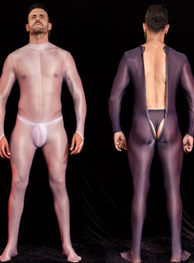 男士超薄后开拉链连体袜连体衣高弹丝滑轻薄无感油亮性感塑身用衣