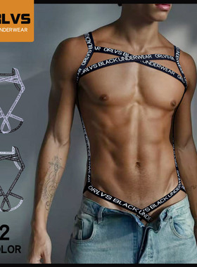 男士性感连体双丁字裤低腰无痕字母肩带镂空吊环内裤