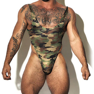 外贸欧美男士 肌肉紧身单丁高弹 塑身连体衣运动健身迷彩印花连档裤