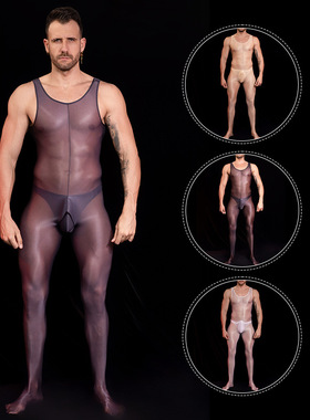 男士塑身高弹丝滑开档连体衣轻薄透气情趣裸感亲肤威猛肌肉连体袜