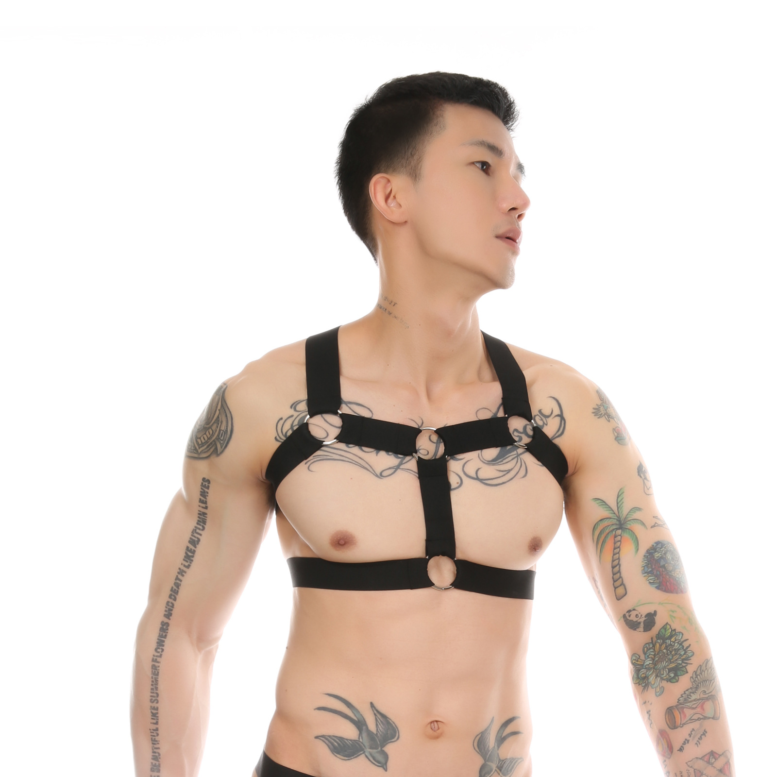 欧美潮男性感肌肉显大胸带钢环束缚带上衣夜店趴体酒吧演出服装