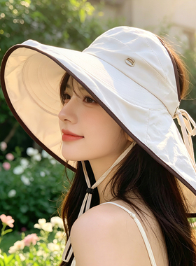 空顶防晒帽女夏季户外遮阳帽可扎马尾披肩渔夫帽大帽檐太阳帽护颈