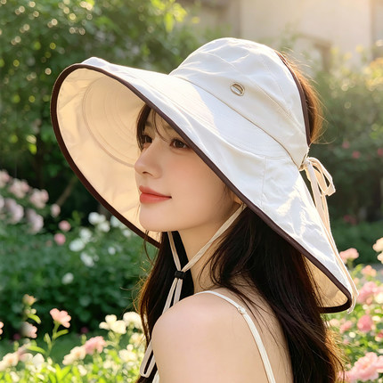 空顶防晒帽女夏季户外遮阳帽可扎马尾披肩渔夫帽大帽檐太阳帽护颈