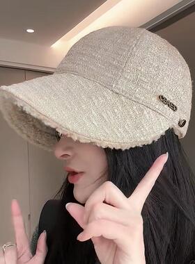 帽子女秋冬新款渔夫帽加绒大帽檐鸭舌帽可挂口罩休闲帽小香风盆帽
