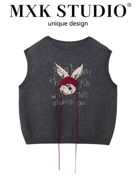 提花套头小兔子毛衣马甲女早秋新款黑色显瘦无袖马夹背心坎肩上衣