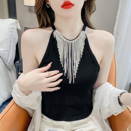 纯欲性感甜辣妹烫钻挂脖吊带背心女外穿内搭独特无袖短款上衣夏季