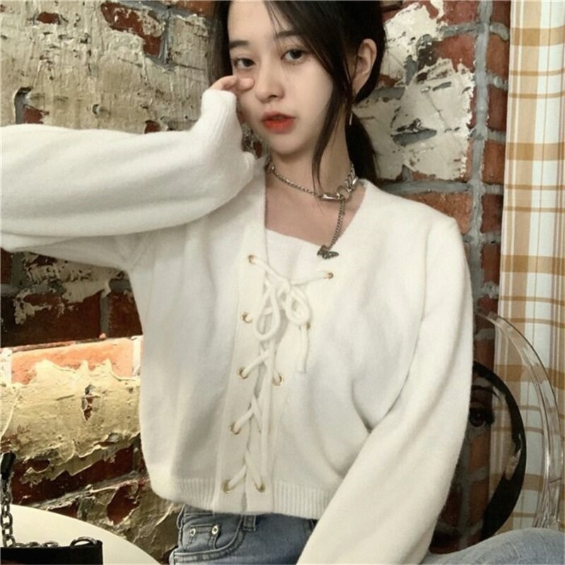 韩系2026外套V领又欲又纯灯笼袖春秋毛衣小衫女短款针织甜美少女图片