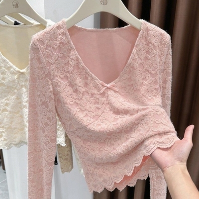 加绒保暖蕾丝长袖v领打底衫女秋冬季新款可外穿收腰修身内搭上衣