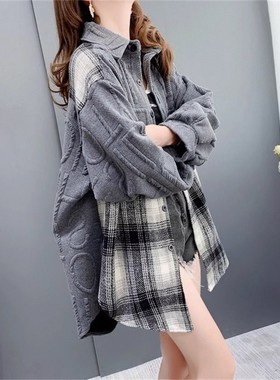 设计感拼接洋气学生女2026潮百搭春秋韩版格子网红衬衣女衬衫外套