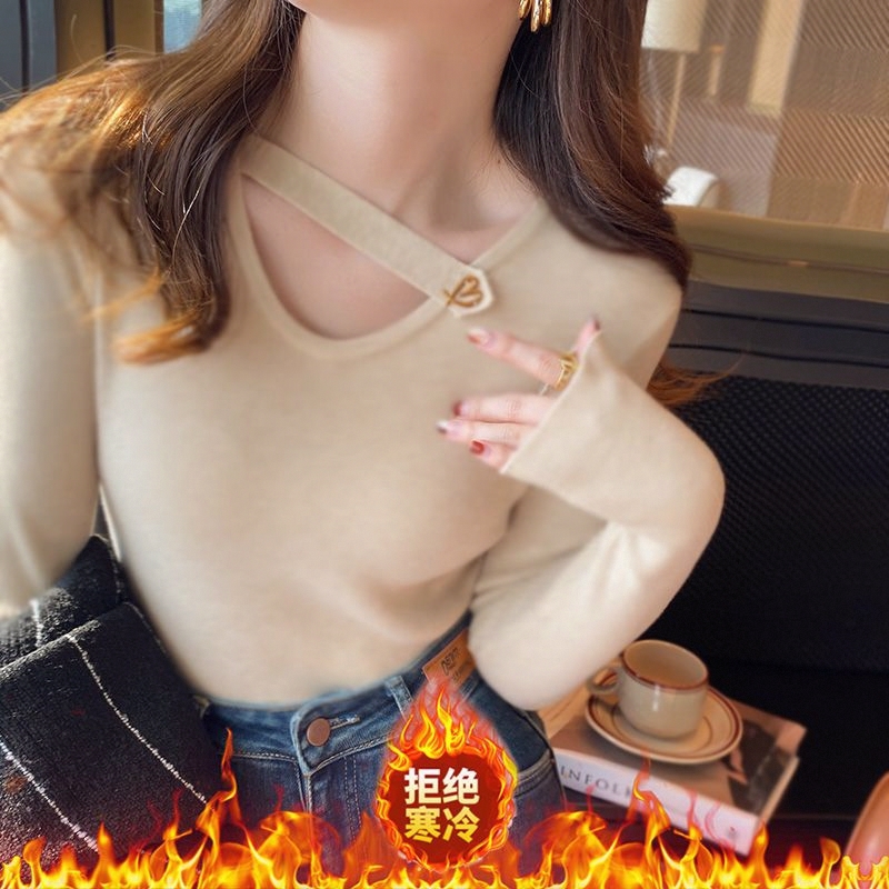 单/两件双面德绒保暖加绒打底衫女内搭秋冬季新款洋气V领长袖上衣