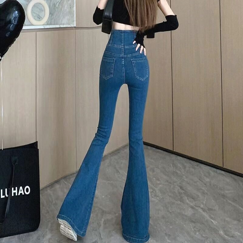 设计感小众女春秋显瘦微喇叭加长高腰马蹄裤拖地裤子版高个牛仔裤图片