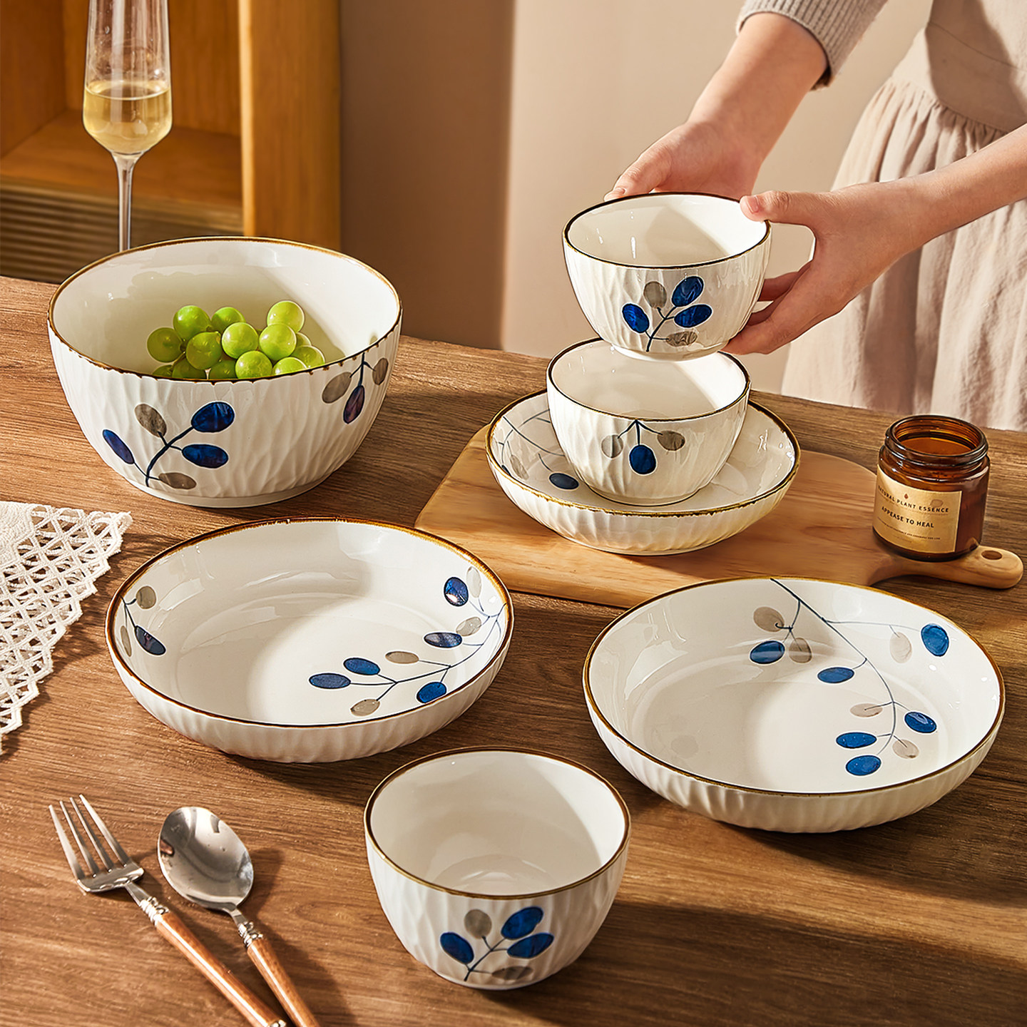 墨色日式饭碗家用2025新款汤碗高颜值陶瓷釉下彩餐具盘子碗碟套装