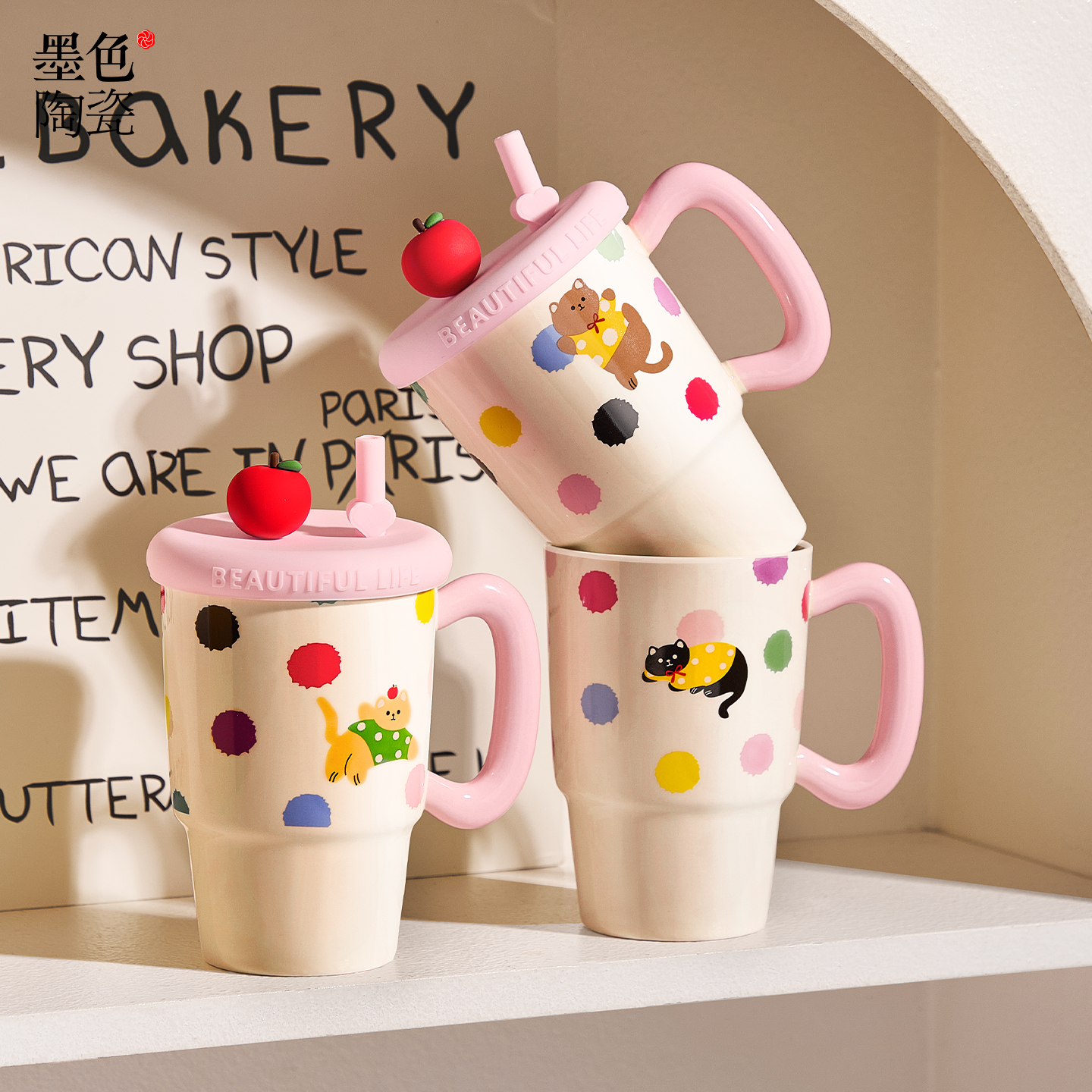 墨色可爱带盖马克杯办公室家用喝水杯陶瓷吸管杯女咖啡杯子伴手礼