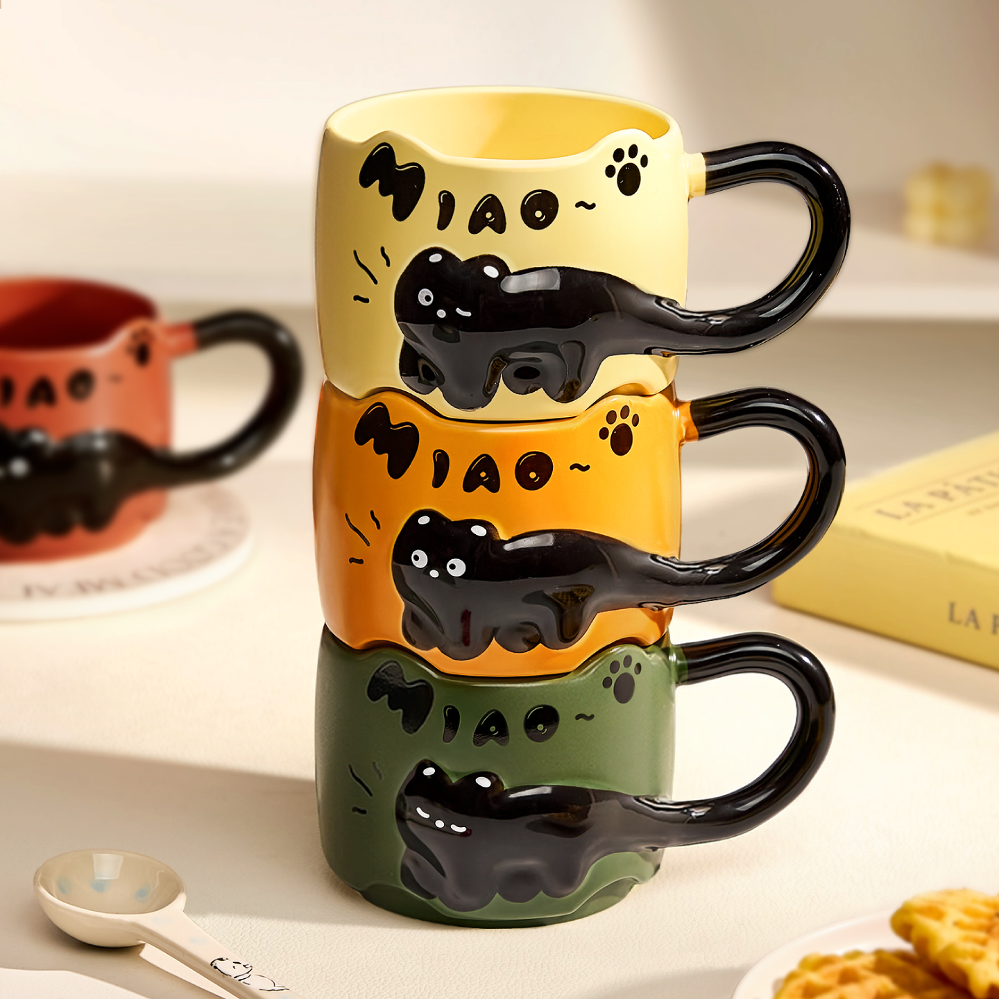 可爱猫咪马克杯高颜值女生杯子创意叠叠杯浮雕咖啡杯情侣陶瓷水杯