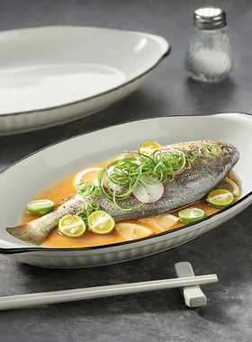 双耳陶瓷鱼盘家用2024新款蒸鱼专用盘子高级感大号鱼盆鱼碗装鱼碟