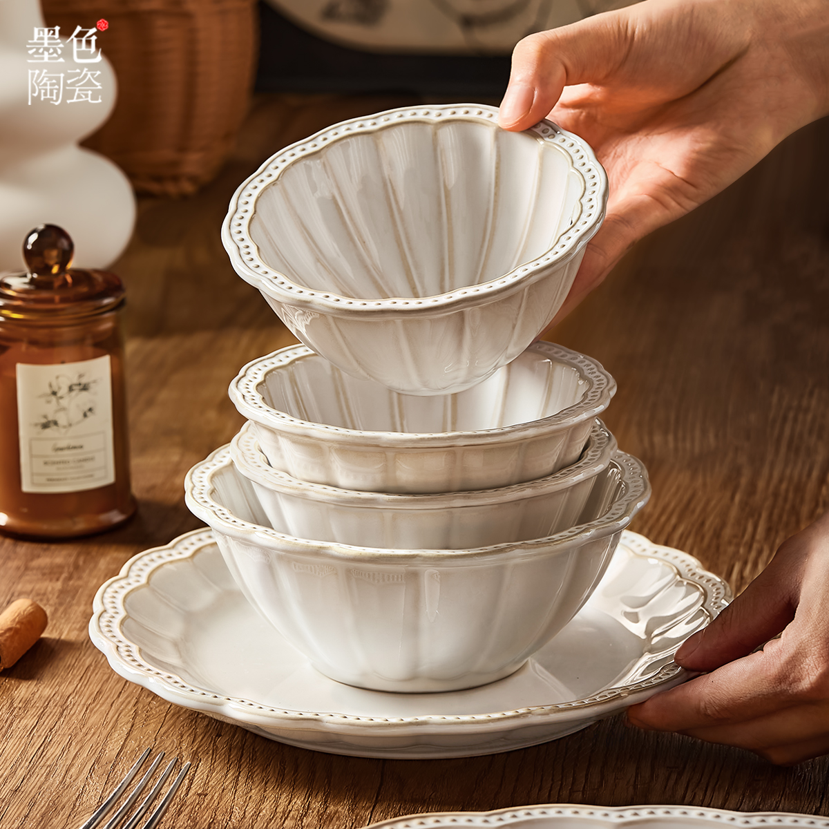 墨色法式覆古餐具饭碗家用2024新款碗碟盘子餐盘汤碗陶瓷碗具套装