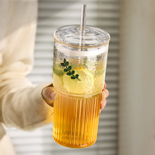 ins带吸管锤纹玻璃杯夏季饮品杯