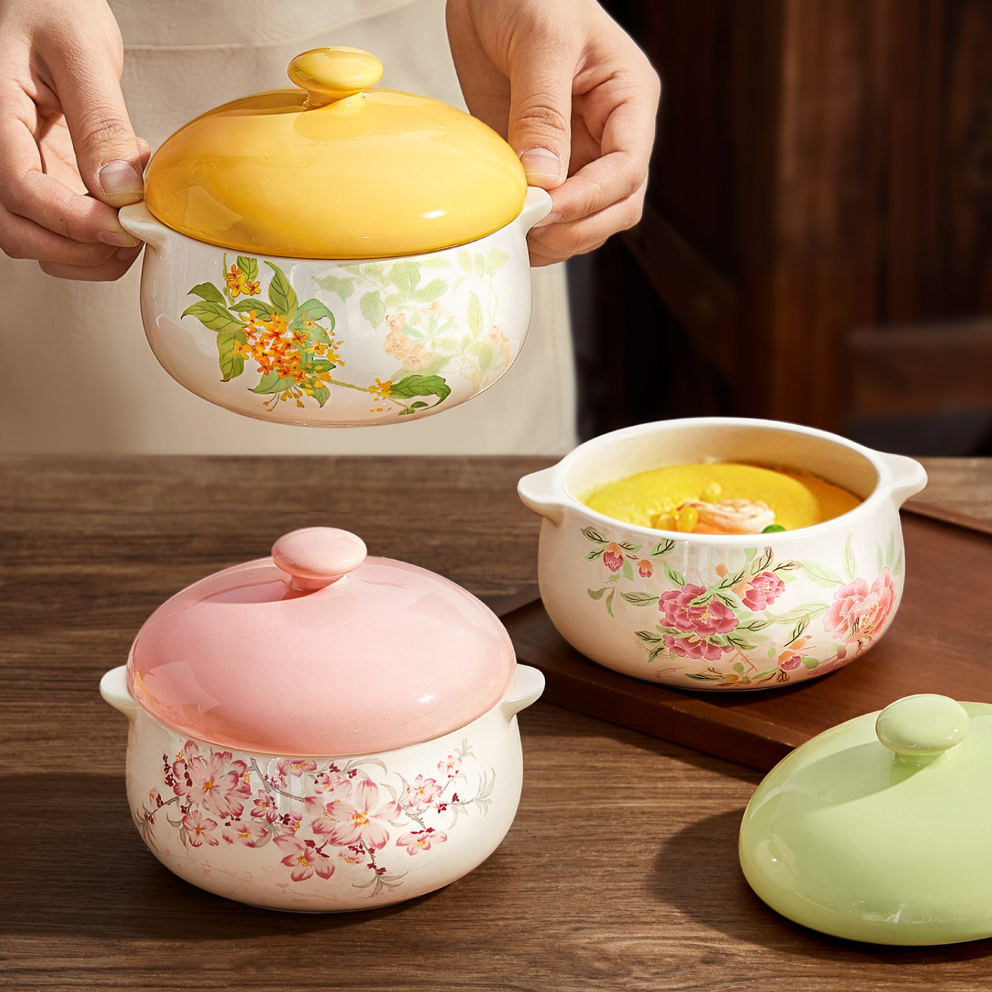 原创陶瓷双耳炖盅隔水炖家用蒸蛋碗带盖蒸鸡蛋羹专用碗新款蒸碗