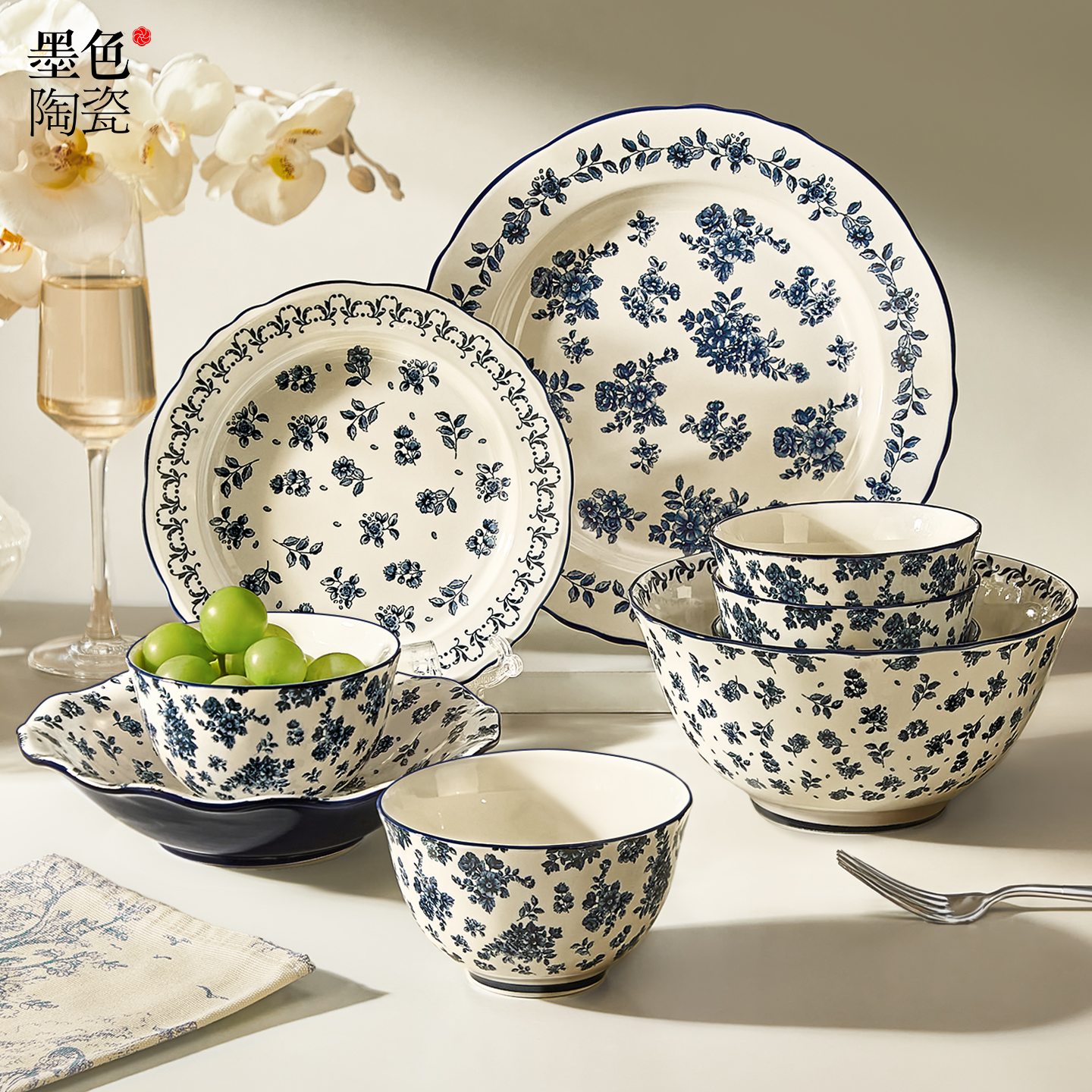 墨色中式陶瓷米饭碗家用高颜值复古吃饭碗大碗汤碗菜盘好看的鱼盘