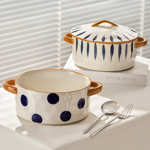 日式陶瓷双耳汤碗家用大号汤盆