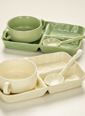 高颜值早餐分格盘一人食餐具套装儿童餐盘陶瓷家用分隔分餐盘子碗