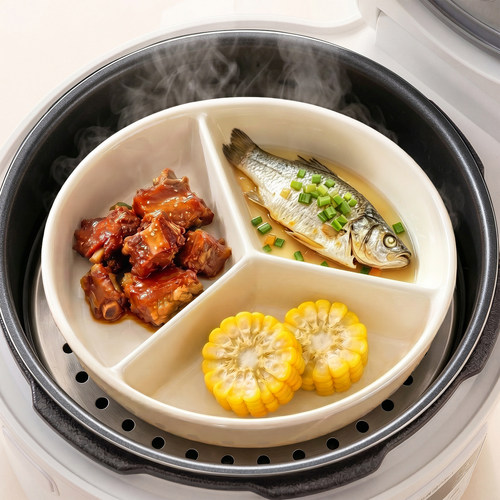 加深三格蒸盘可微波炉加热宝宝辅食一锅蒸分格餐盘分隔陶瓷蒸菜碗