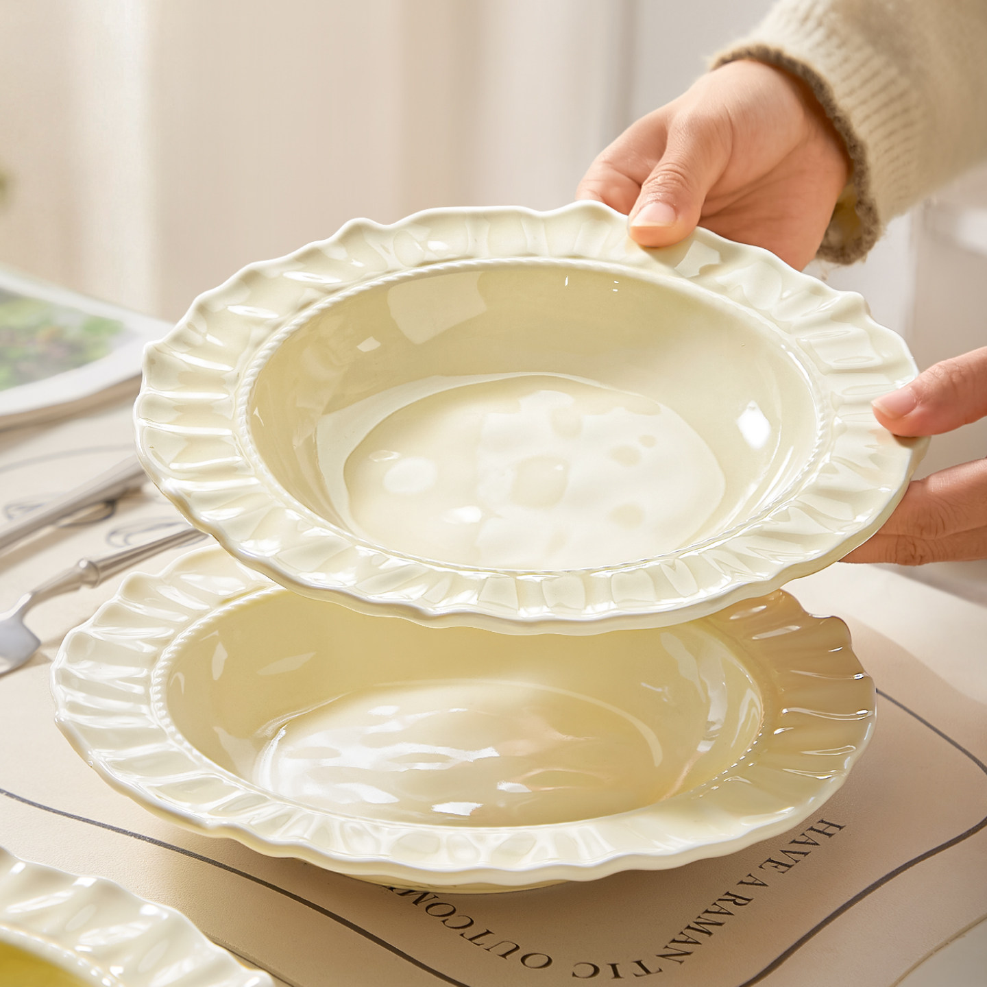 法式草帽盘深盘意面盘沙拉盘子高级感西餐盘菜盘家用碗碟好看餐具