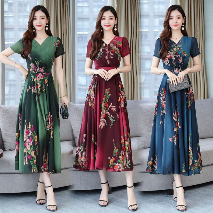 Ice silk fabric printed swing dress spring and summer new fashion Korean women's knee length skirt