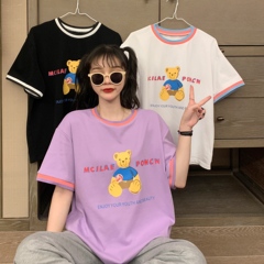 South Korean Summer Short Sleeve T-Shirt women's new color contrast bear top