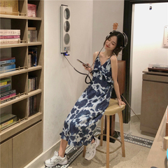 Minority retro printed suspender skirt women's summer lace design medium length dress Korean style slim skirt