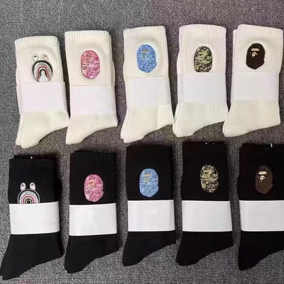 休闲猿人头鲨鱼刺绣袜子长筒加厚跑步袜纯棉潮牌男女毛巾底运动袜