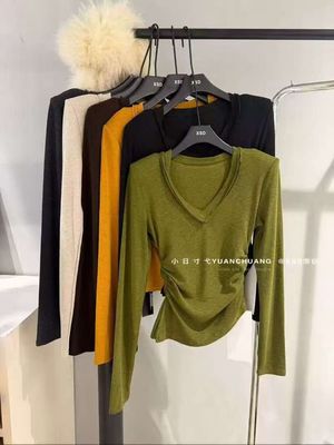 2025新款秋冬时尚设计感辣妹V领加绒不规则长袖打底衫上衣女