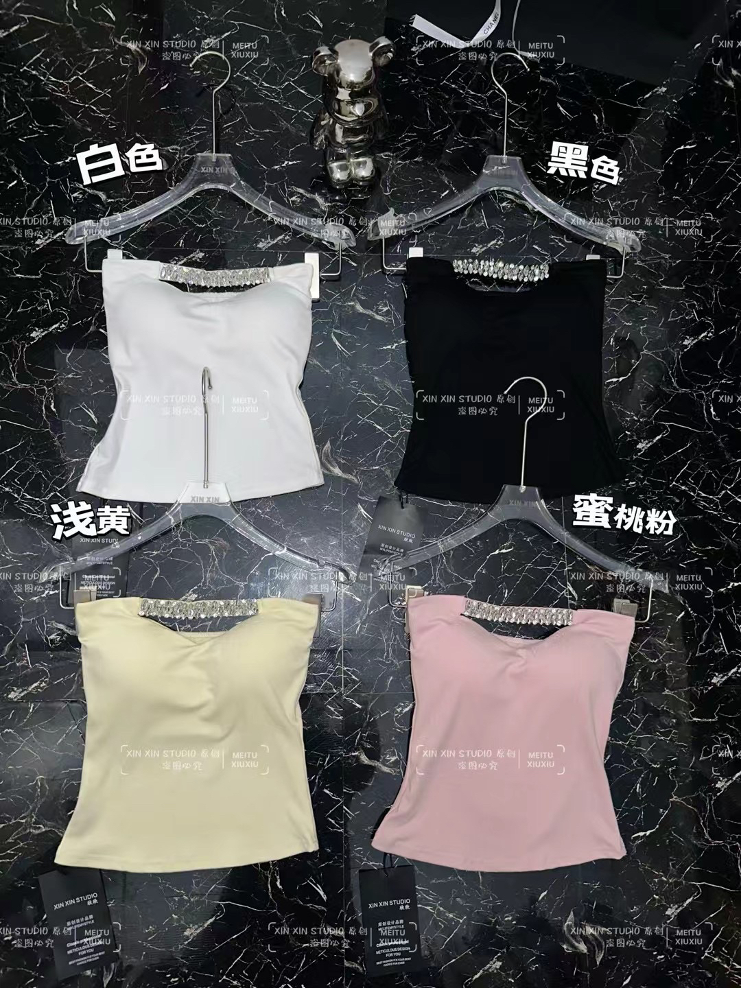 名媛镶钻吊带背心女夏纯欲辣妹性感一字肩抹胸上衣带胸垫独特绝美