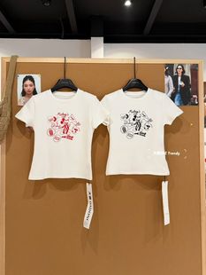 十三行2026早春新款韩版修身短袖T恤女卡通印花设计感打底上衣女