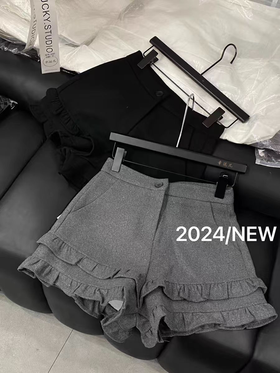 十三行新款韩版加厚毛呢木耳花边短裤甜美百搭显瘦高腰A字裤