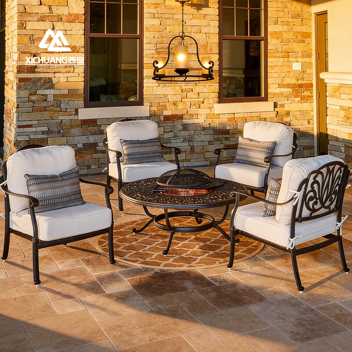 西窗户外沙发庭院组合套装金属框架圆形茶几休闲家具室外烧烤桌椅