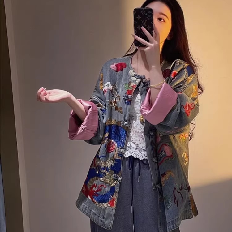 新中式国风女装重工刺绣牛仔外套