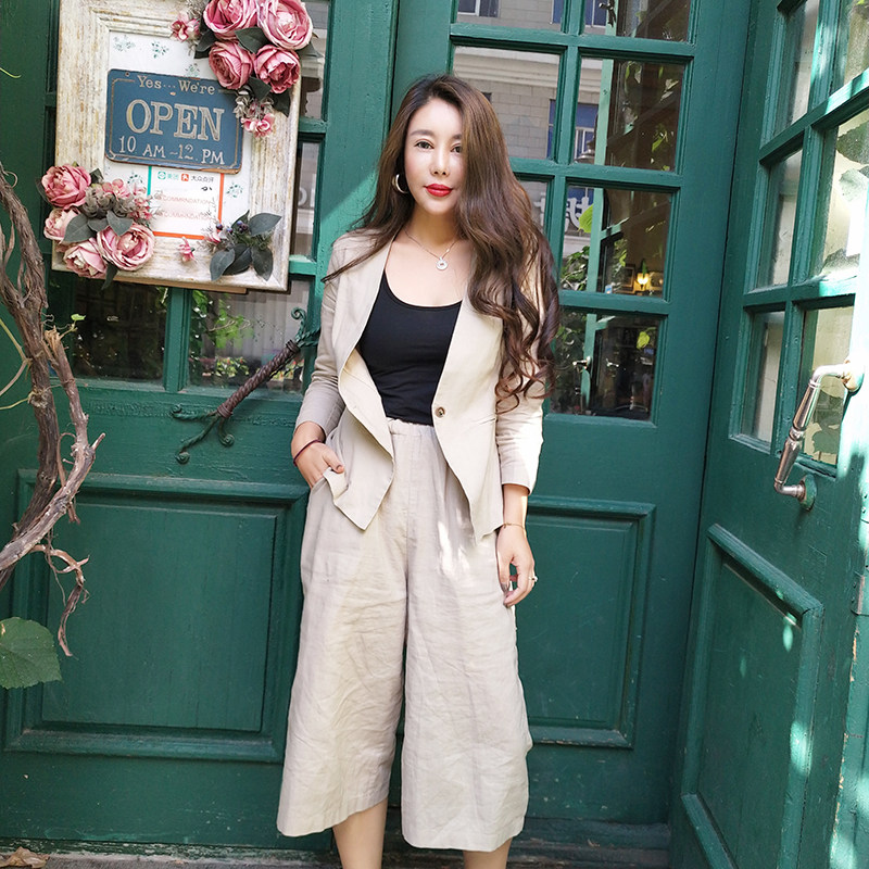 2026春季新款卡其色棉麻西装chic简约西服中裤套装休闲女装两件套