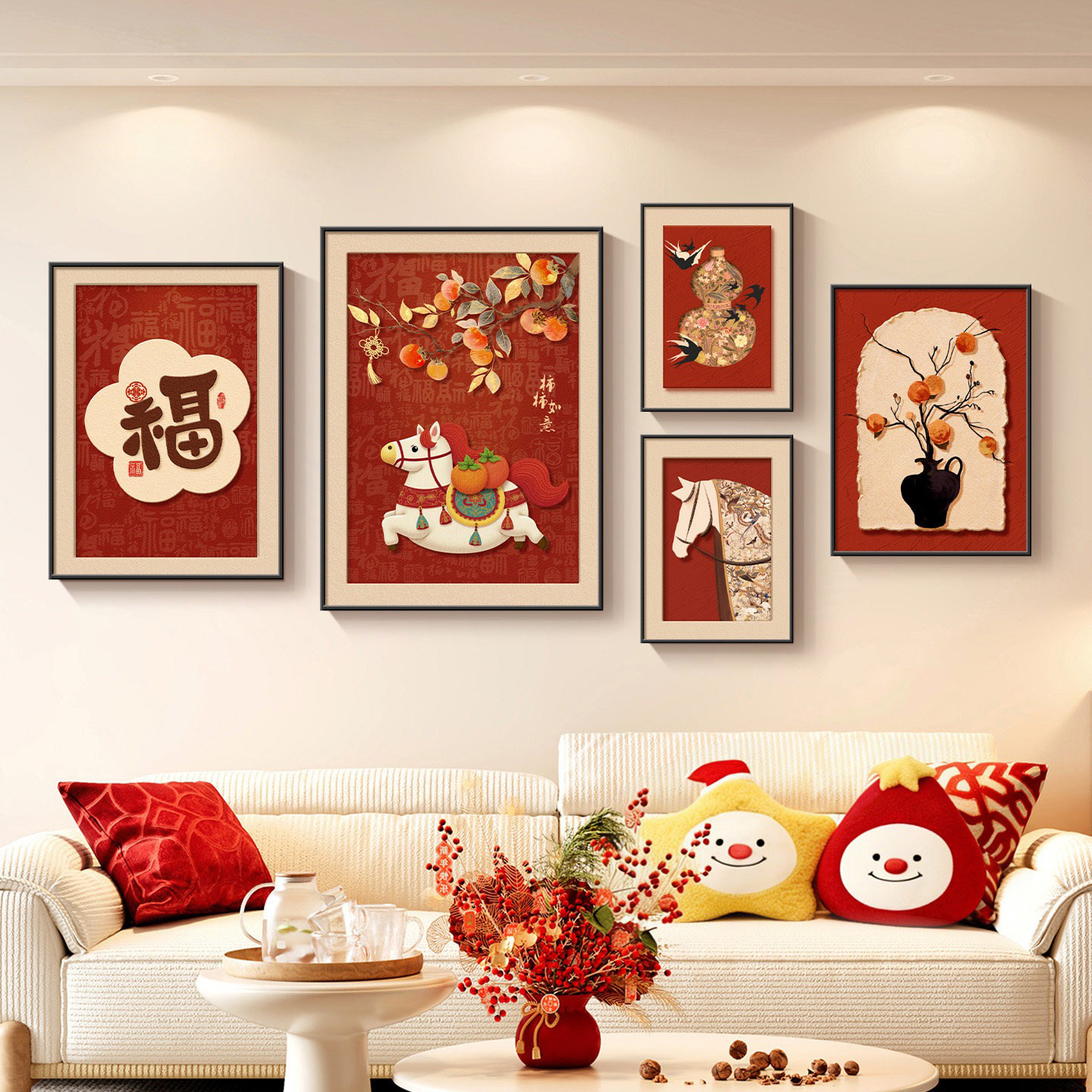 马上有钱客厅装饰画2026新款福字沙发背景墙挂画柿柿如意组合壁画