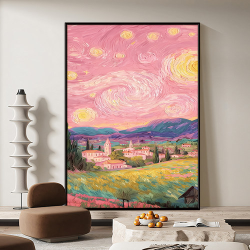 星空梵高装饰画客厅粉色房间