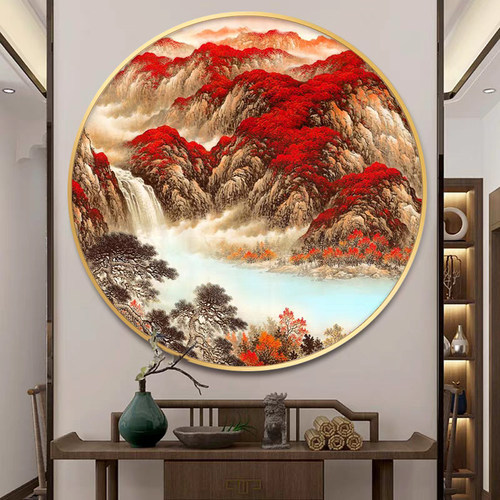 新中式圆形玄关装饰画客厅走廊过道书房茶室餐厅鸿运当头山水挂画
