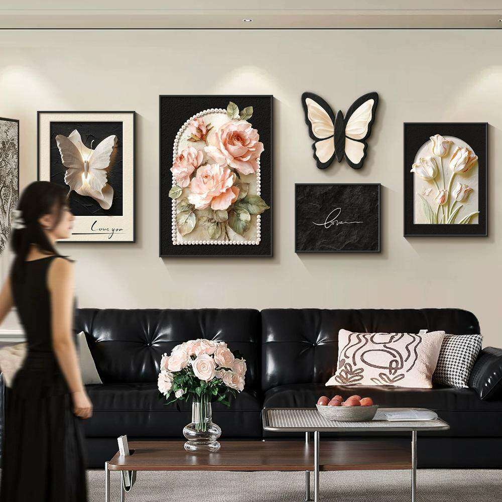 法式中古风客厅装饰画蝴蝶花卉沙发背景墙挂画奶油风高级组合壁画